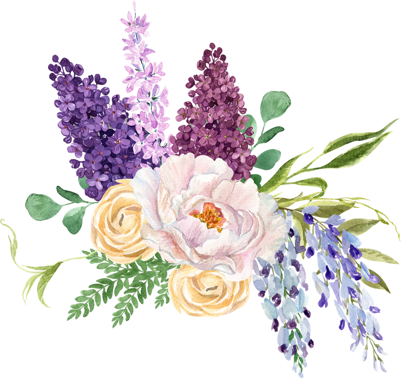 Watercolor pastel peony, lilac and wisteria florals bouquet